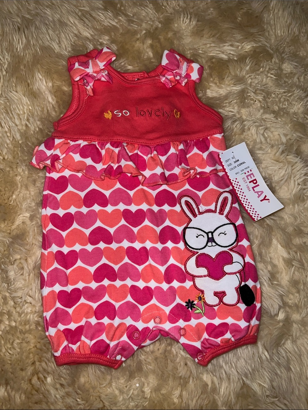 100% Cotton Baby Romper in Pink & Coral Heart Print with Bunny Applique